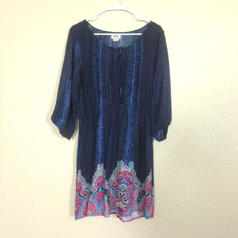 ARIAT short blue/multicolor dress size M 3/4‎ sleeve woman boho bohemian cowgirl